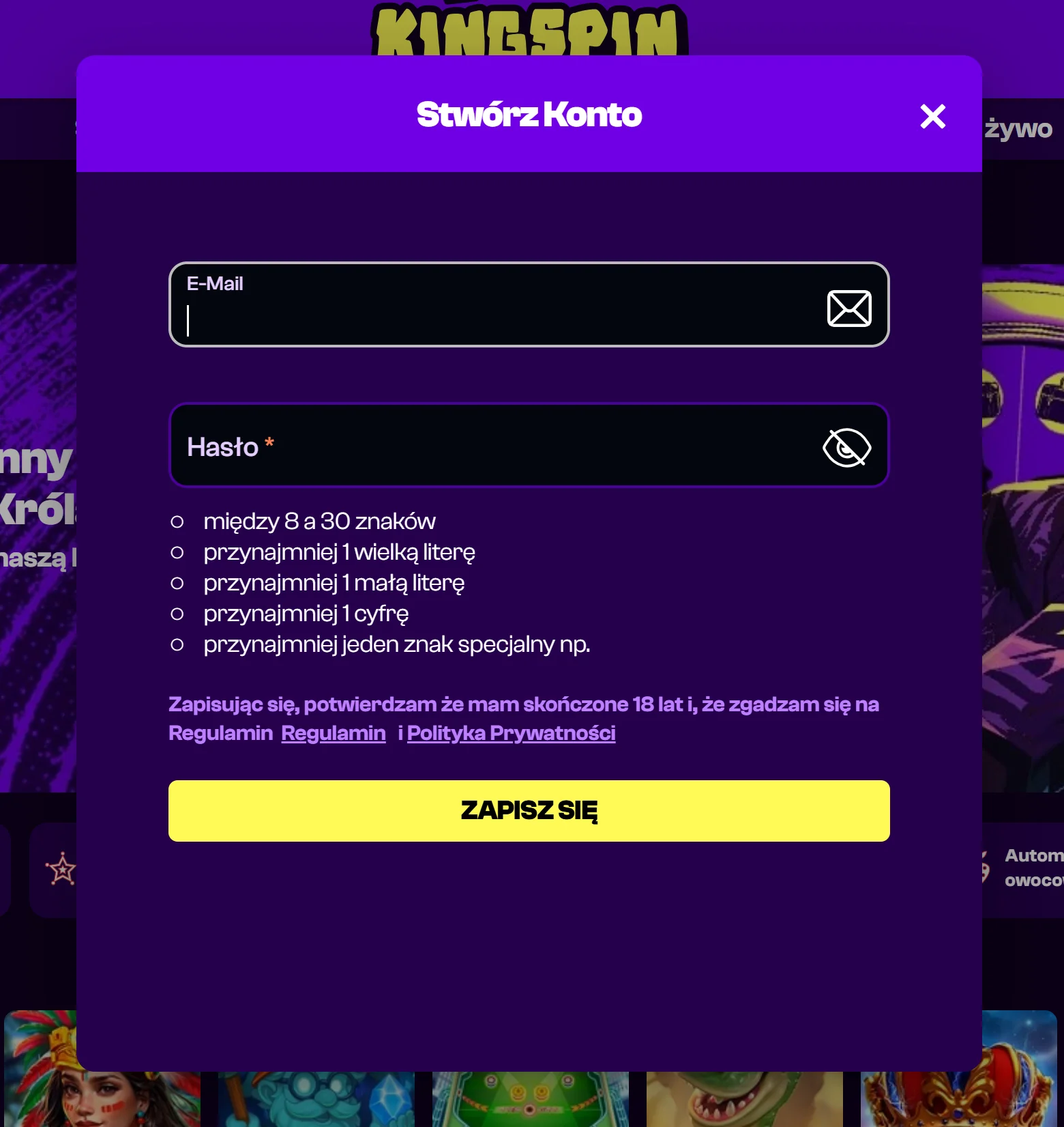 KingSpin Rejestracja krok 1