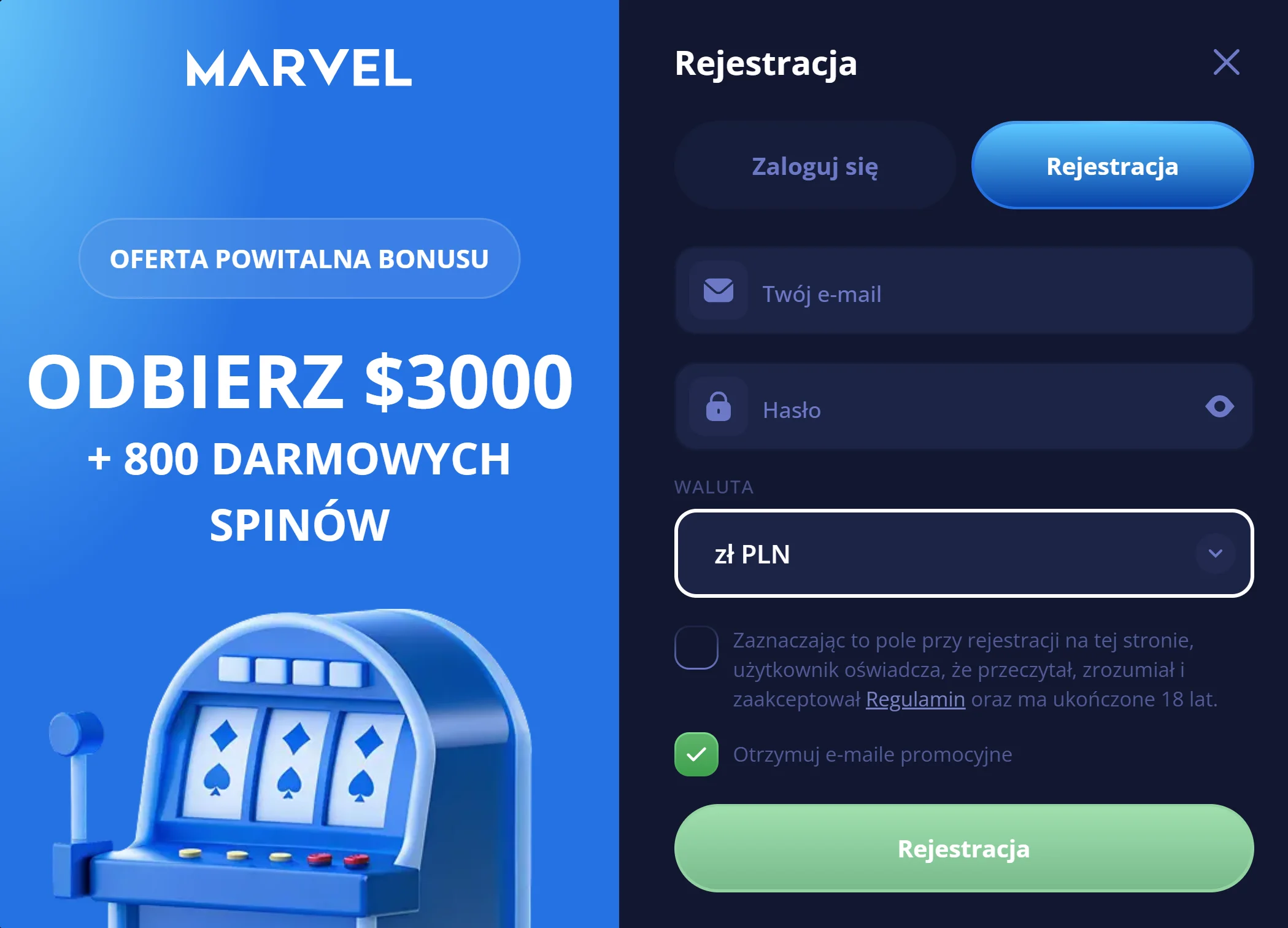 Jak otrzymać bonus bez depozytu Marvel? Krok 1