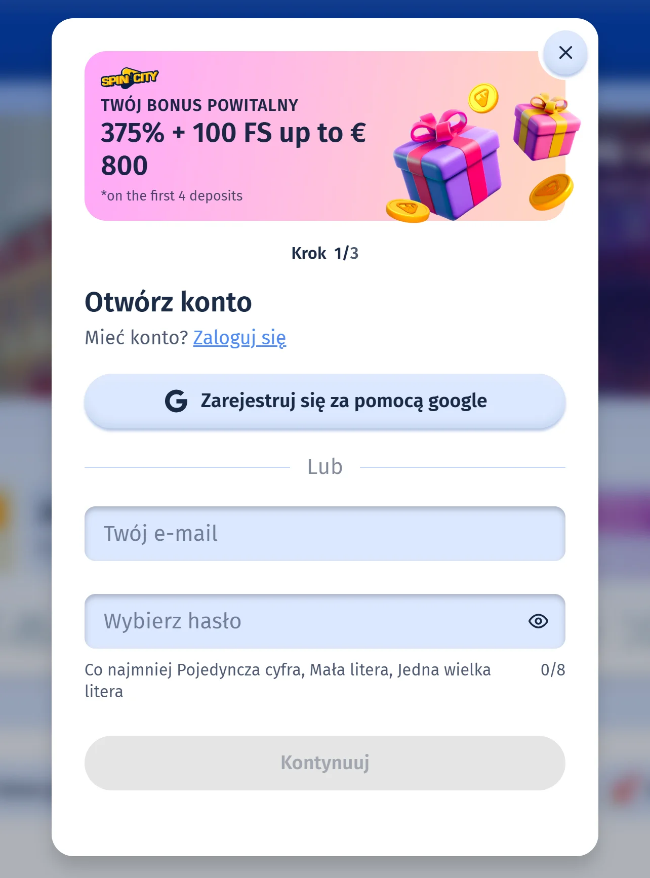 Spin City Rejestracja 2 krok