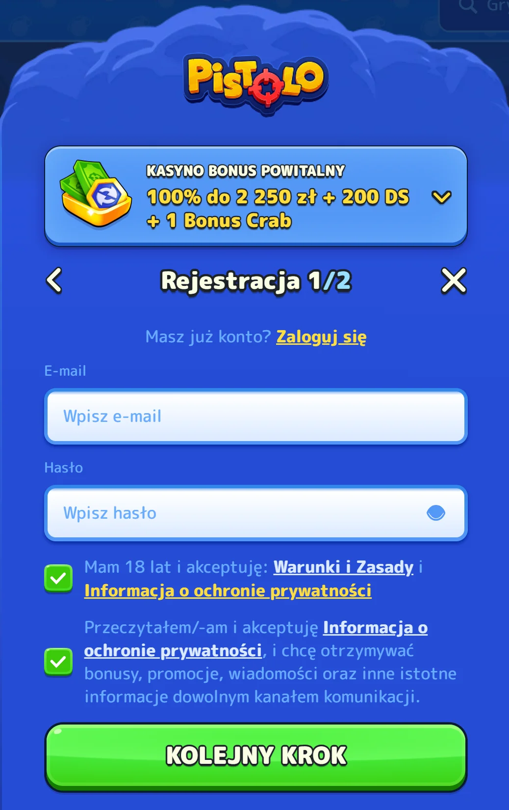 Pistolo Casino Rejestracja Krok 3