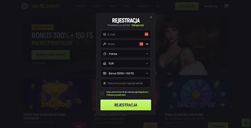 AvoCasino rejestracja krok 1
