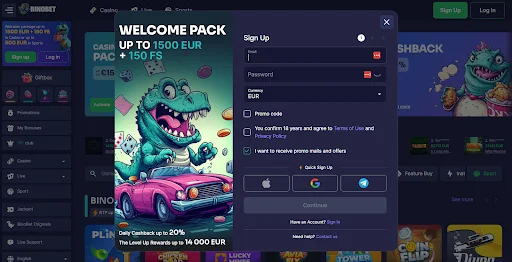 BinoBet Kasyno rejestracja krok 1