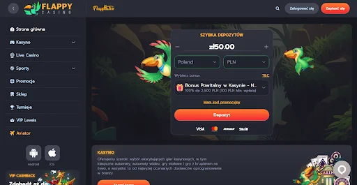 Flappy Casino bonus z kodem krok 1