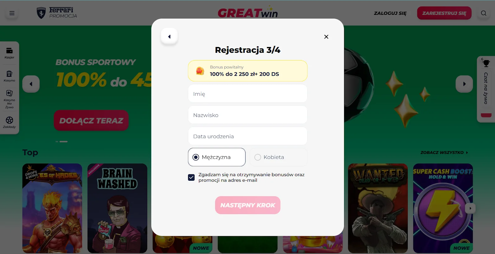 GreatWin rejetracja krok 2
