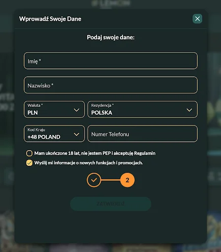 Lemon Casino rejestracja krok 2