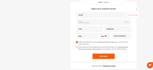 Nitro Casino rejestracja krok 1