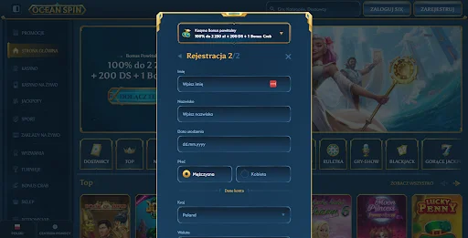OceanSpin rejestracja krok 2