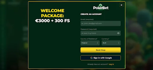 PokerBet rejestracja krok 1