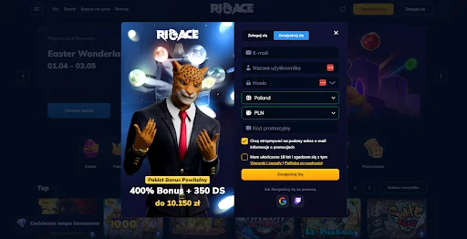 RioAce Casino rejestracja krok 1