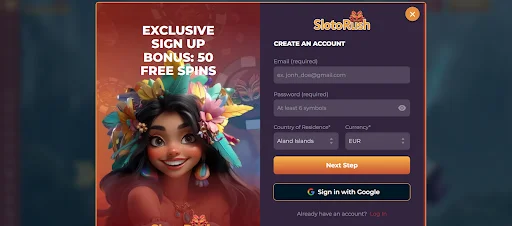 SlotoRush rejestracja krok 1