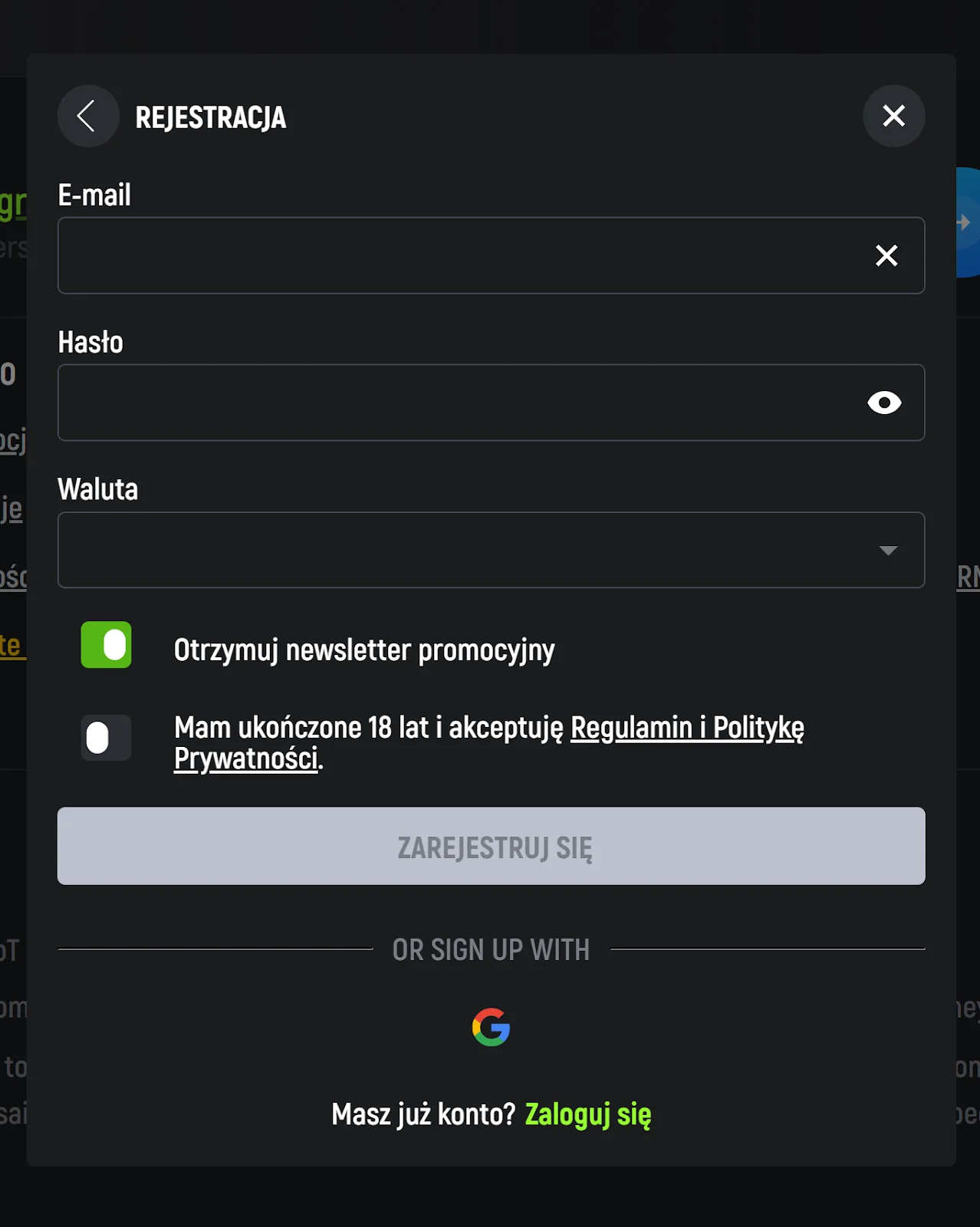 SpinGreen rejestracja krok 2