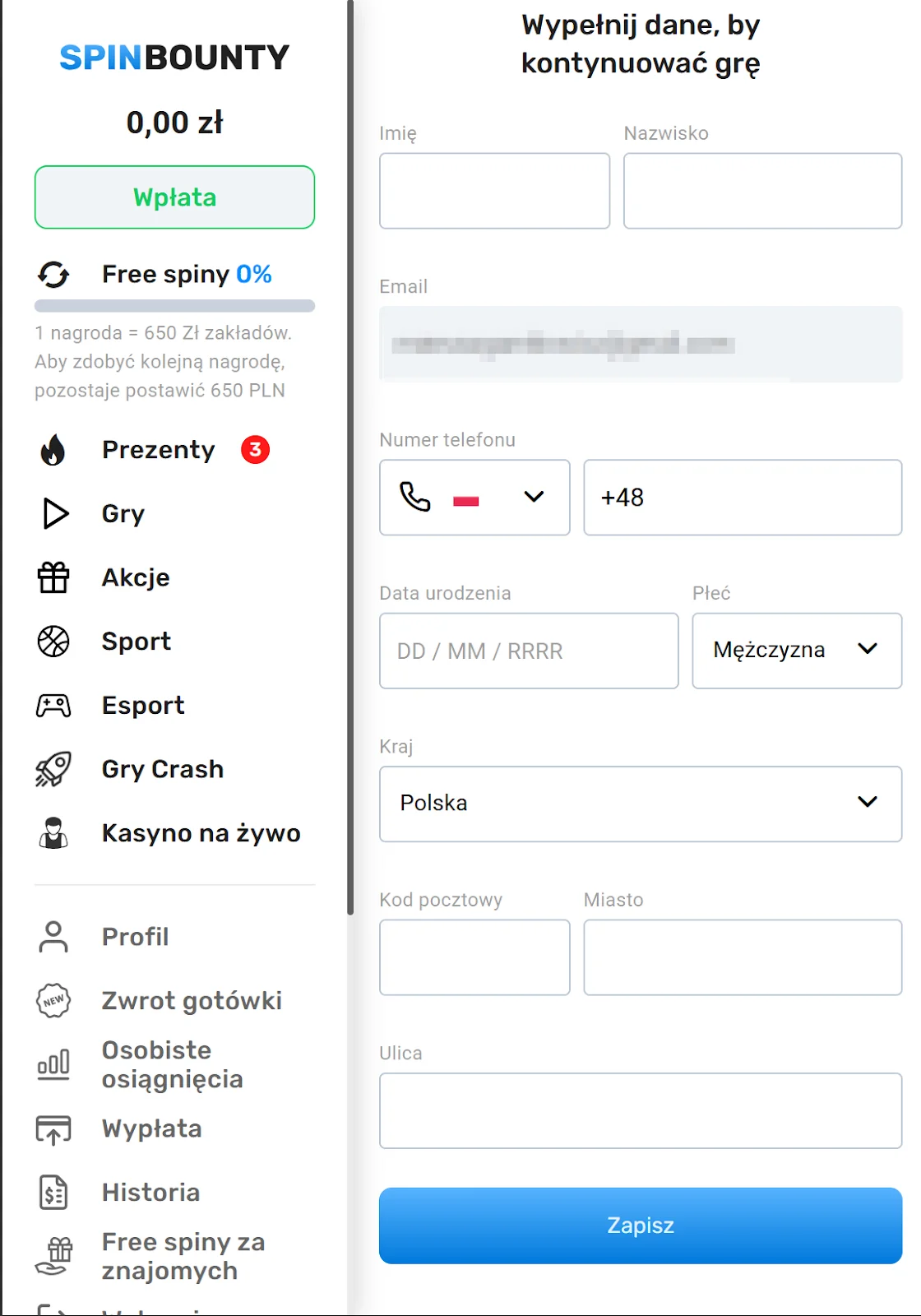Spinbounty rejestracja krok 3