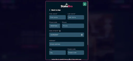StakeBro bonus bez depozytu rejestracja krok 2