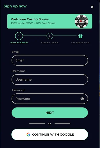 YoyoSpin rejestracja krok 1