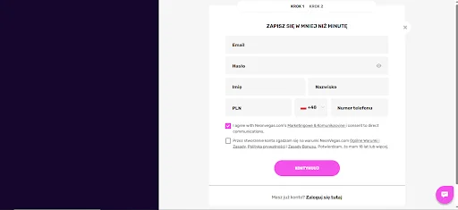 neon vegas rejestracja krok 1