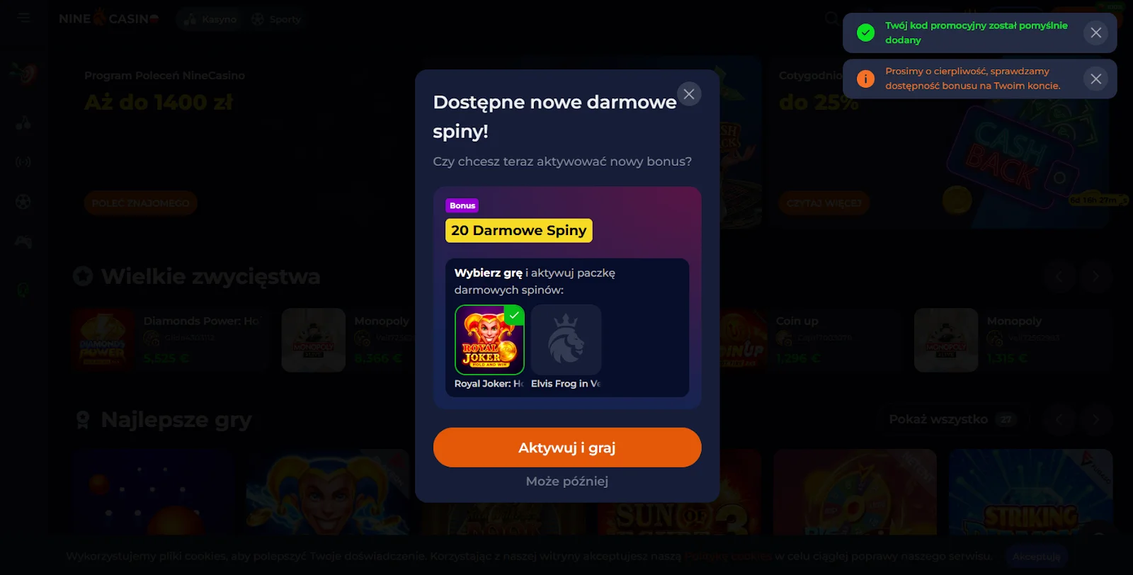 nine casino bonus bez depozytu krok 2