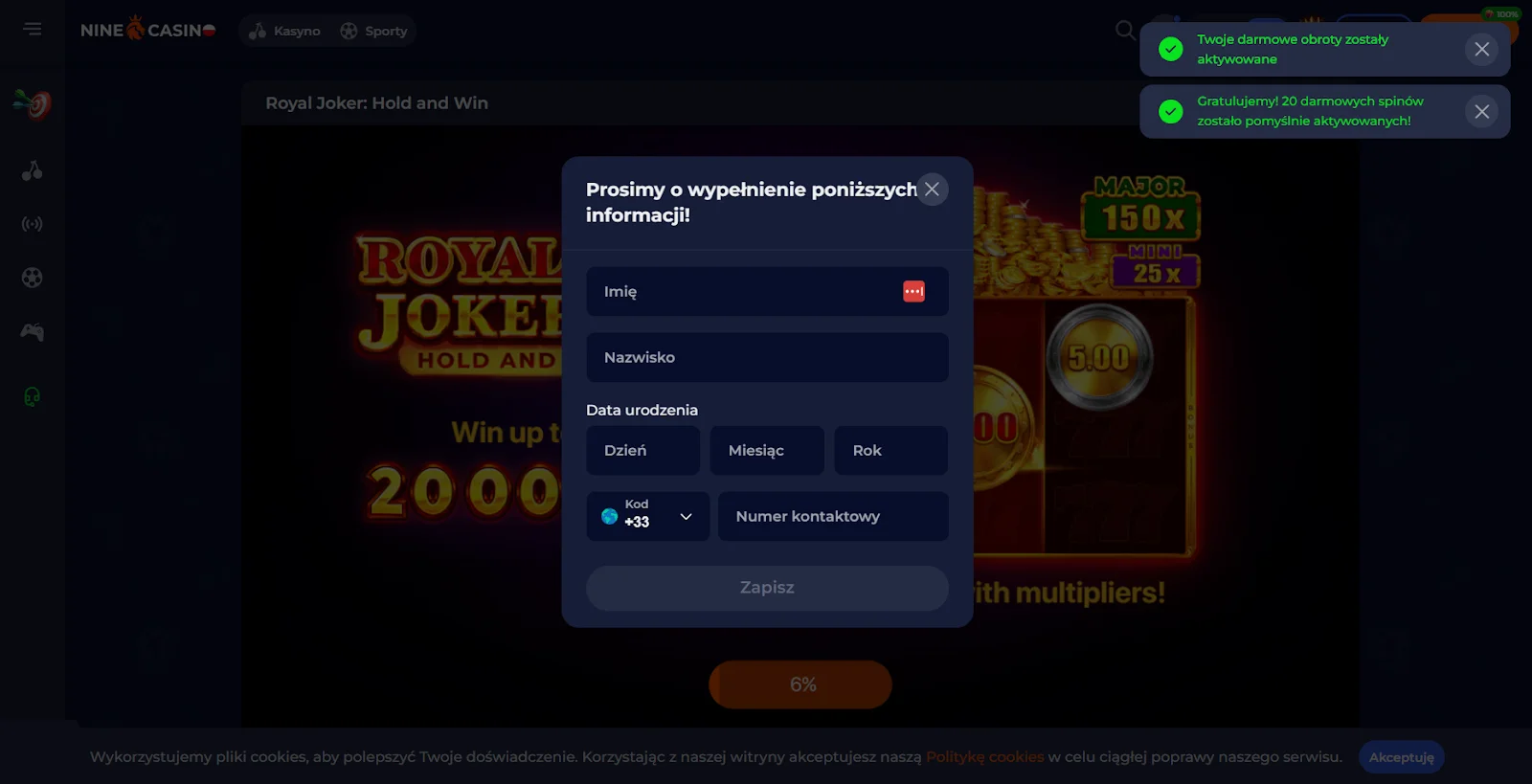 nine casino bonus bez depozytu krok 3 