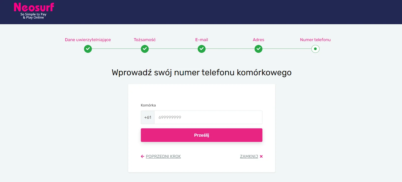 rejestracja w neosurf krok 6