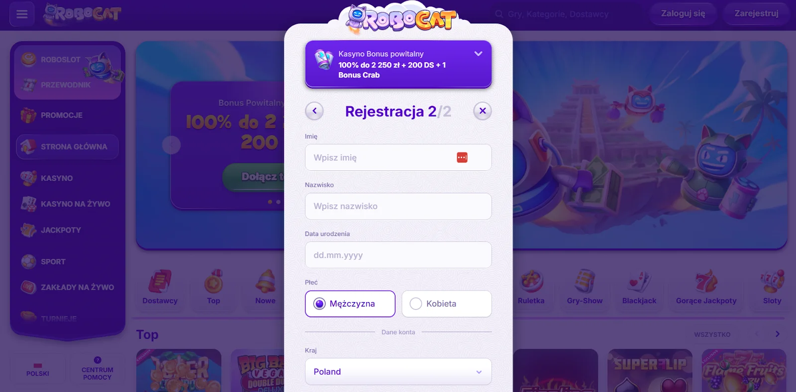 robocat casino rejestracja krok 3