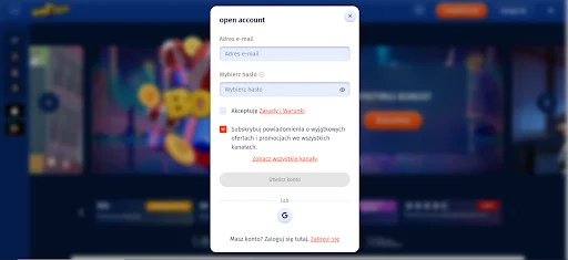 spin city rejestracja krok 1