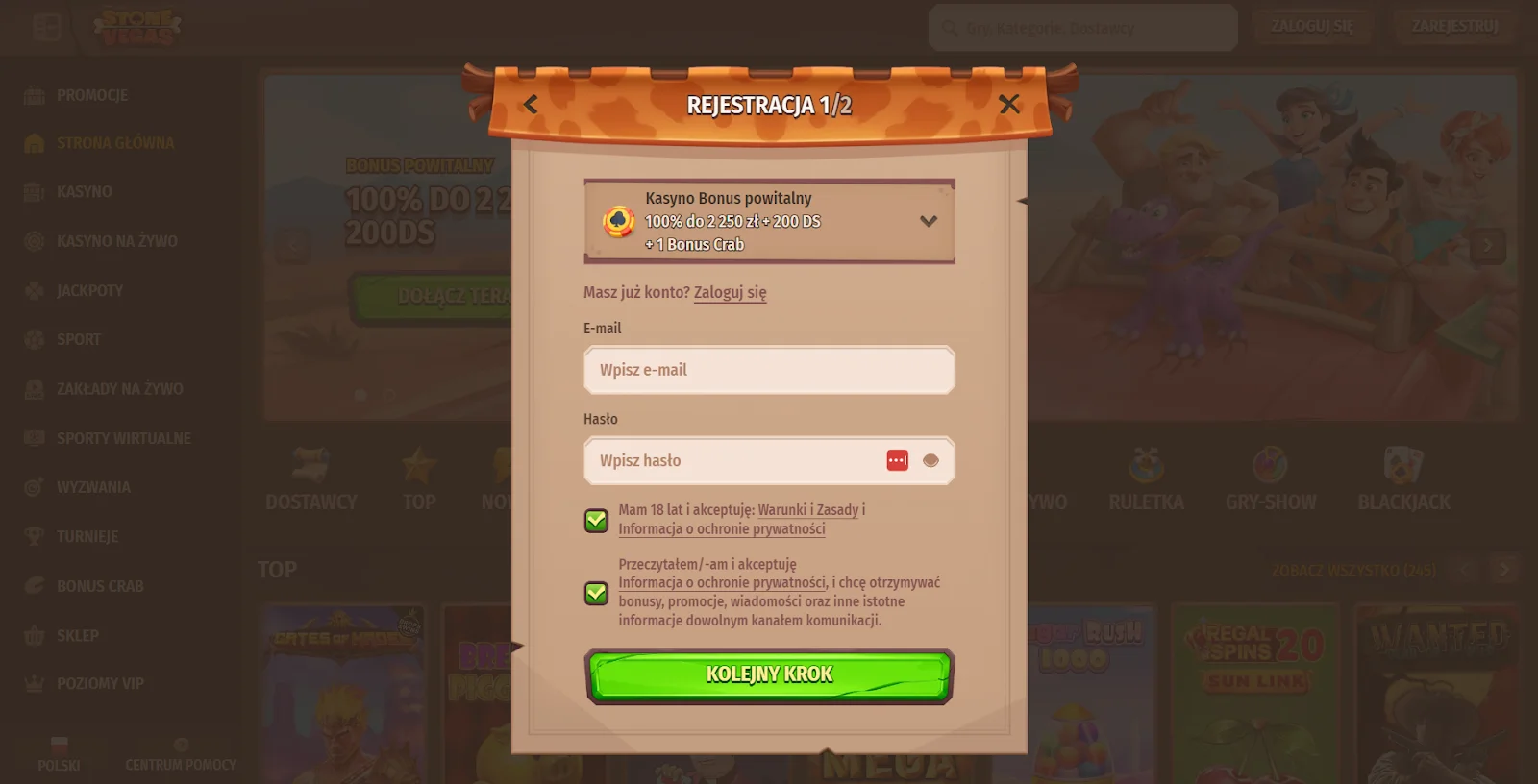 stonevegas rejestracja krok 1