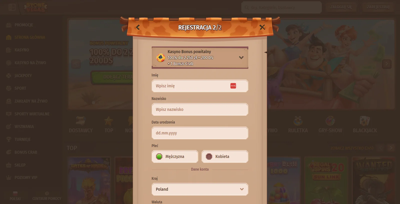 stonevegas rejestracja krok 2